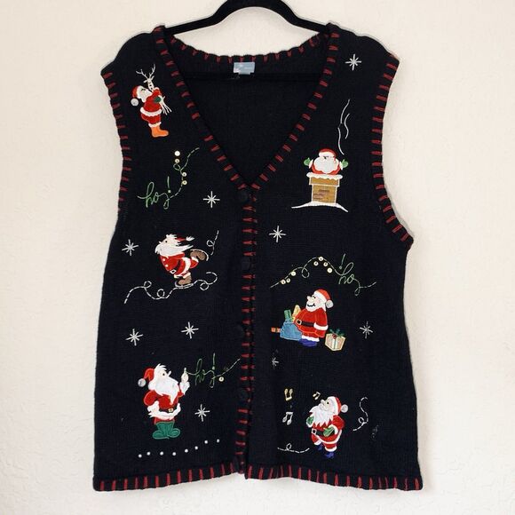 VTG Holiday Editions Sweater Vest Women XL Black 90s Christmas Santa Grandma - Picture 1 of 9